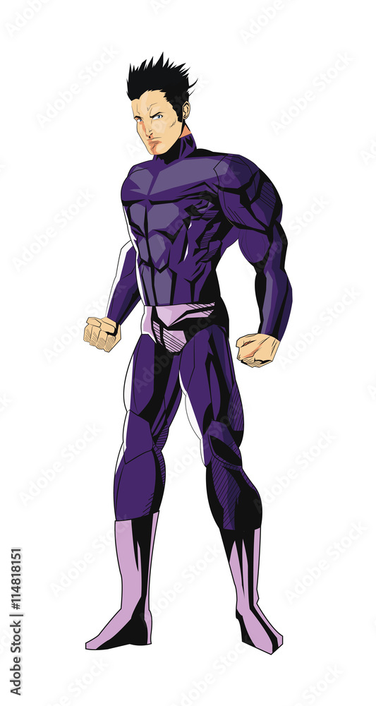 comic style male superheroe with purple uniform icon