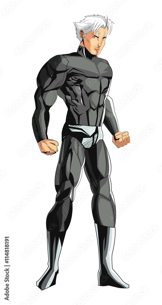 comic style male superheroe with black uniform icon