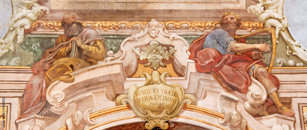 BRESCIA, ITALY - MAY 21, 2016: The fresco of prophet and king David in Chiesa di Santa Maria della Carita by Ferdinando Cairo and Luigi Vernazal from 18. cent.