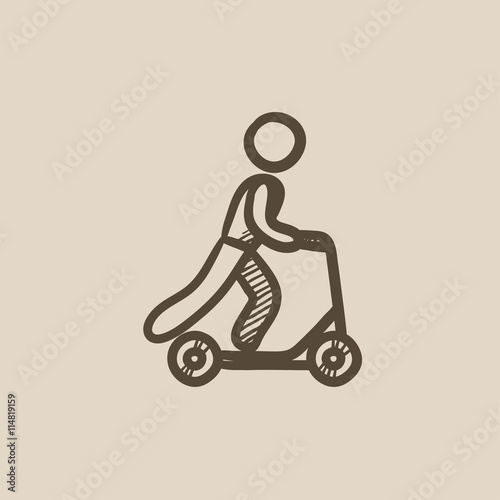 Man riding kick scooter sketch icon.