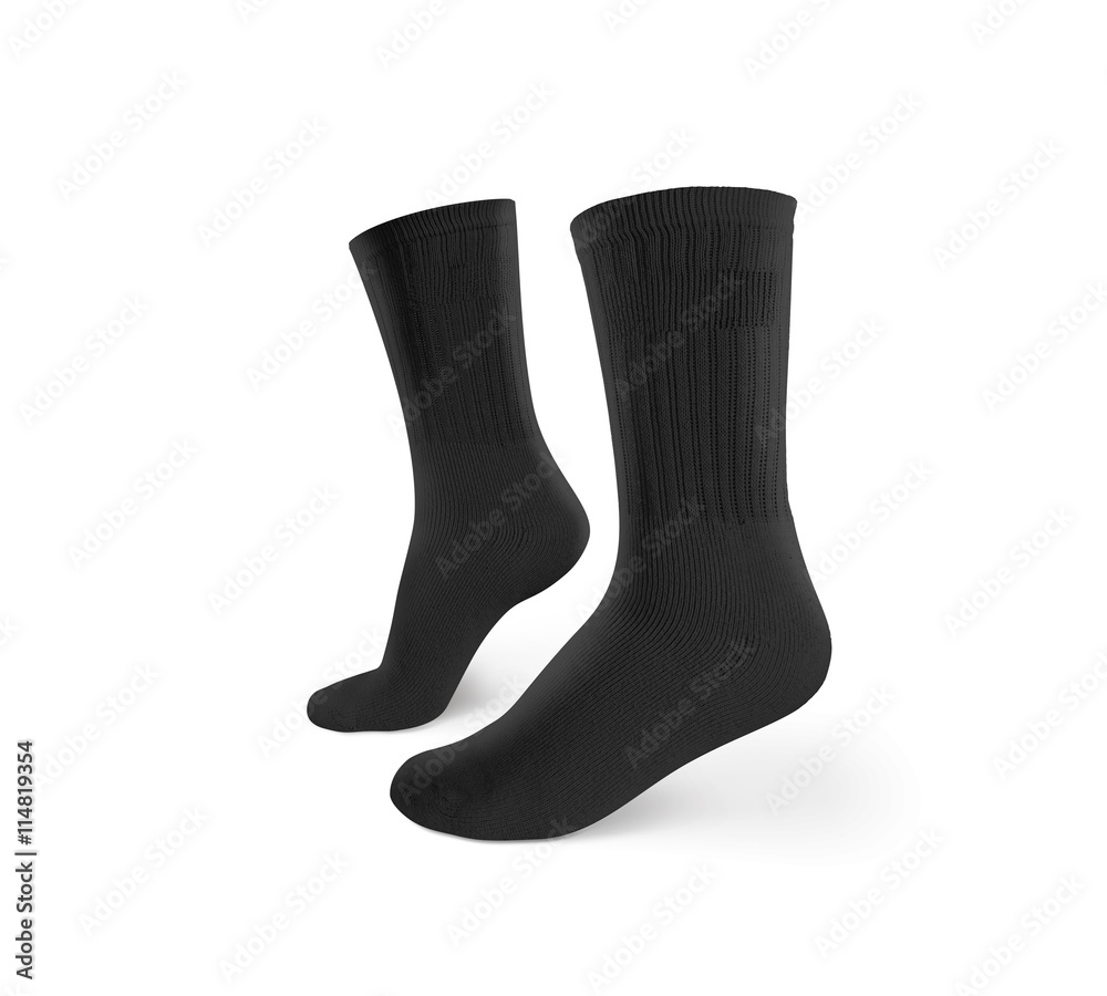 Blank black socks design mockup, isolated, clipping path. Pair sport crew  cotton socks wear mock up. Long clear soft cloth stand presentation. Men  basketball, football, tennis plain apparel template. Stock Photo