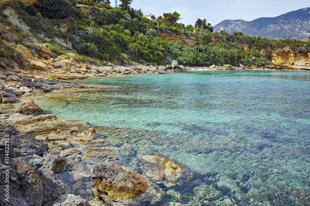 Blue waters of Pesada beach, Kefalonia, Ionian islands, Greece
