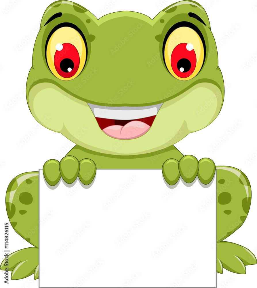 Fototapeta premium funny frog cartoon sitting holding a blank sign