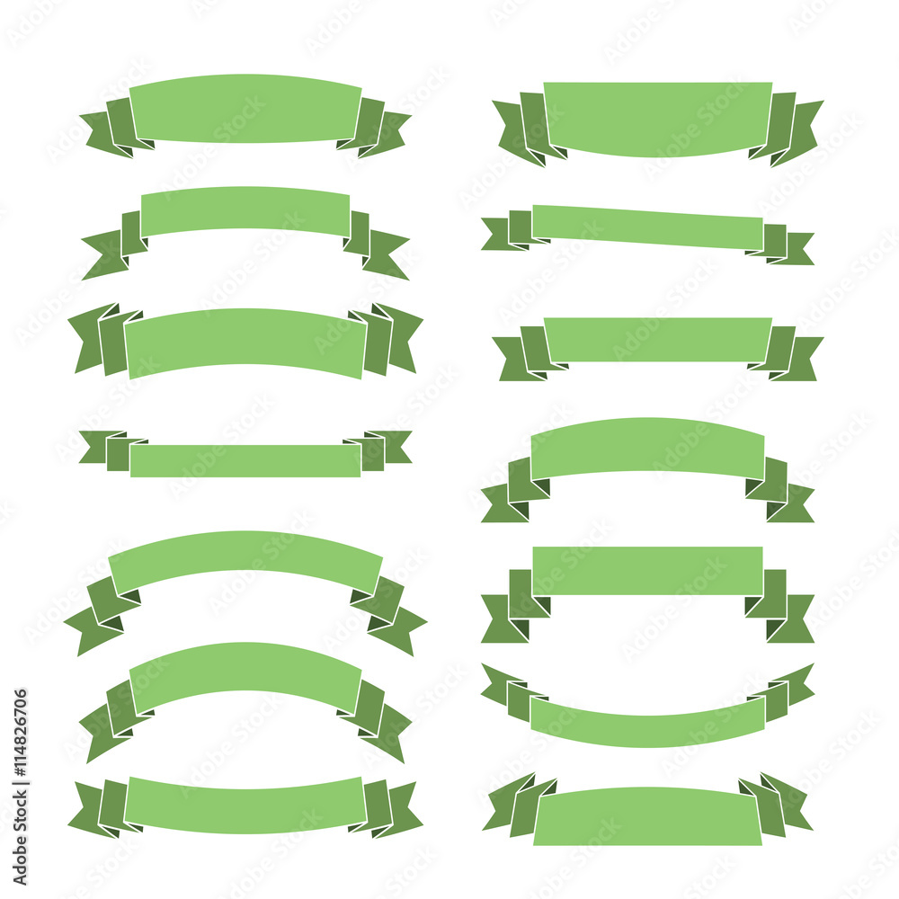 Green ribbon banners set. Beautiful blank for decoration graphic Old vintage style Flat design. Premium decorative elements isolated on white background. Template collection labels Vector illustration Green ribbon banners set. Beautiful blank for decoration graphic Old vintage style Flat design. Premium decorative elements isolated on white background. Template collection labels Vector illustration