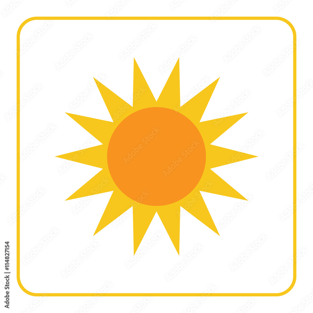 Sun icon. Light sign with sunbeams. Yellow design element, isolated on white background. Symbol of sunrise, heat, sunny and sunset, sunlight. Flat modern style for weather forecast Vector Illustration Sun icon. Light sign with sunbeams. Yellow design element, isolated on white background. Symbol of sunrise, heat, sunny and sunset, sunlight. Flat modern style for weather forecast Vector Illustration