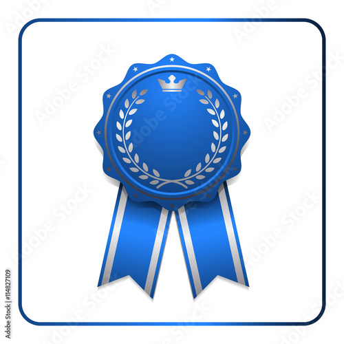 Ribbon award icon. Blue badge, isolated on white background. Medal design element. Label emblem. Blank certificate, winner or prize, decoration. Symbol first, victory success, win. Vector illustration