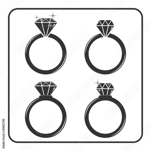 Diamond engagement ring icons set. Shiny crystal signs. Black circle silhouette isolated on white background. Flat fashion design element. Symbol engagement, gift, jewel, expensive Vector Illustration