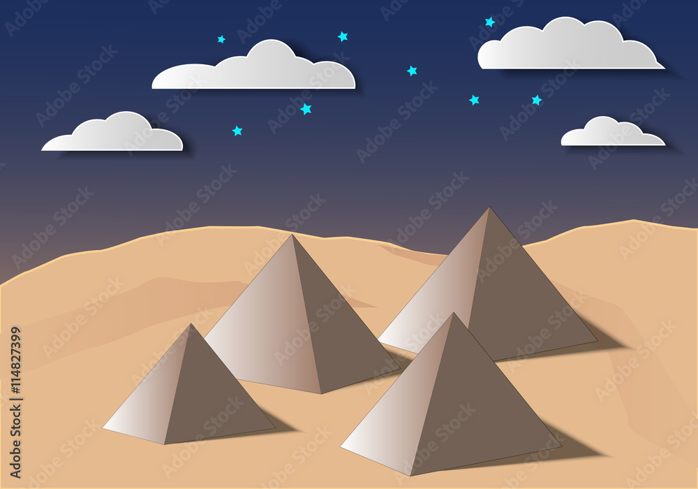 Night landscape of pyramid and desert with star