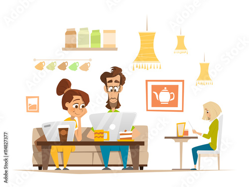 Two Students Sitting And Working With Laptop In Cafe Cafeteria