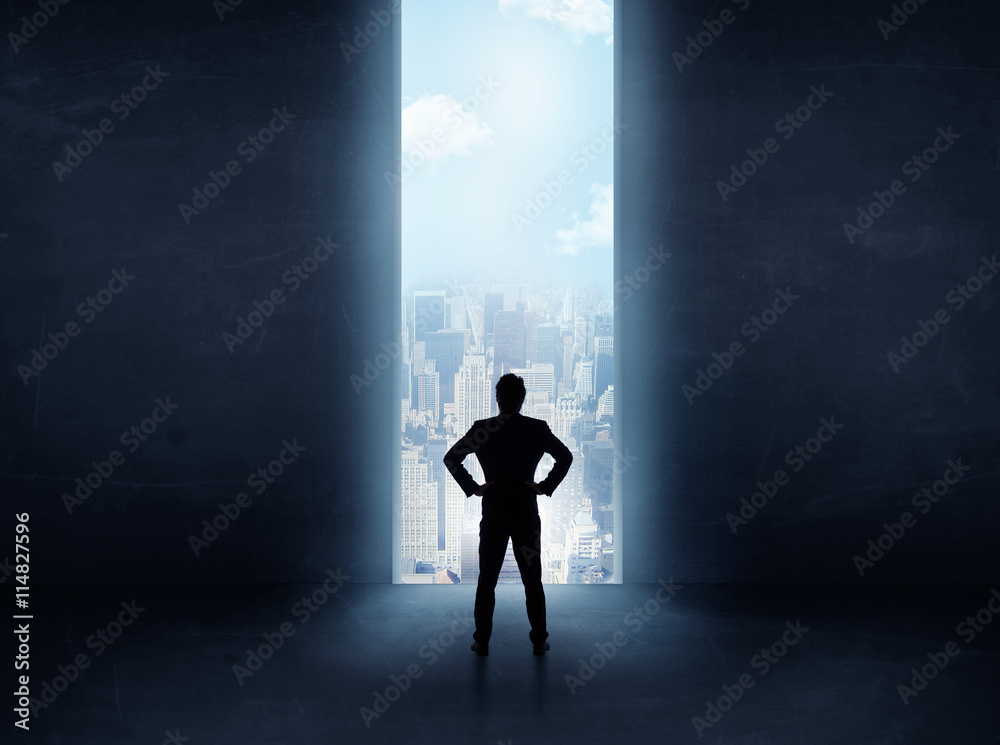 businessman in front of the huge gate businessman in front of the huge gate