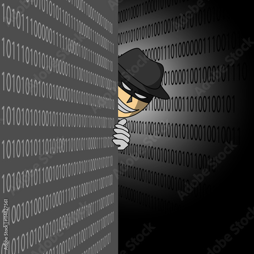 Hacker and wall of code.