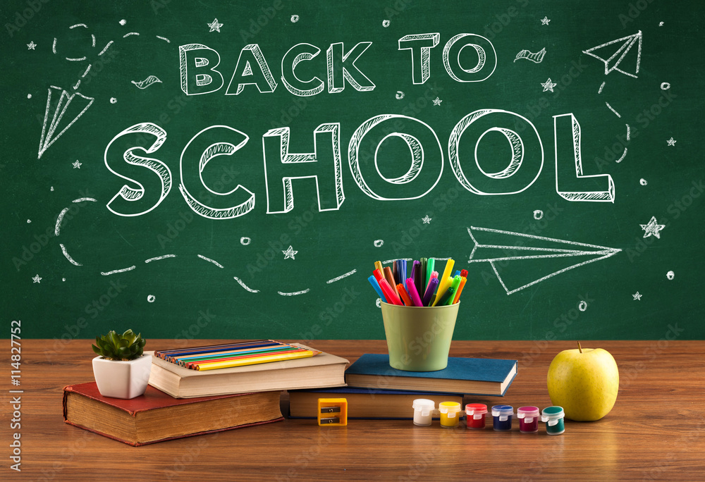 Back to school blackboard and student desk