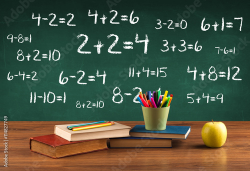 School blackboard with pile of books