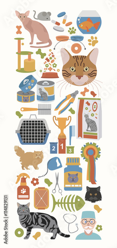 Cat characters and vet care icon set flat style. Banner