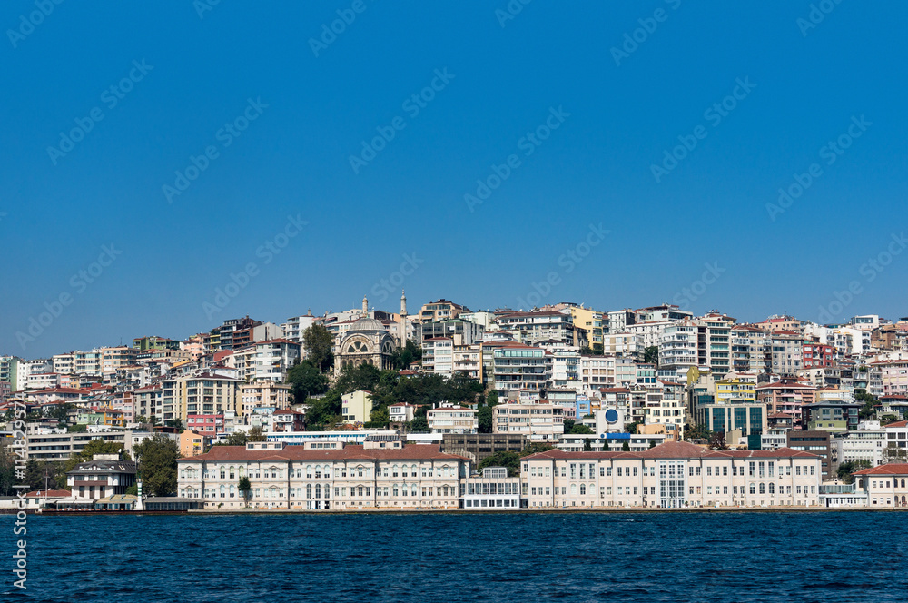 Cityscape with clear blue sky on the background. Modern buildings of Istanbul waterfront suburbs with Molla Celebi Cami, mosque. Urban skyline landscape with copy space
