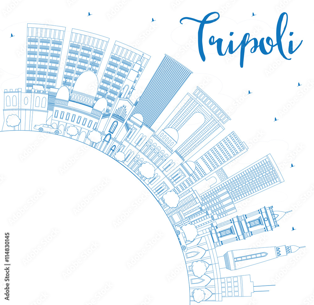 Outline Tripoli Skyline with Blue Buildings and Copy Space.