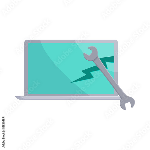 Laptop and wrench icon in cartoon style on a white background