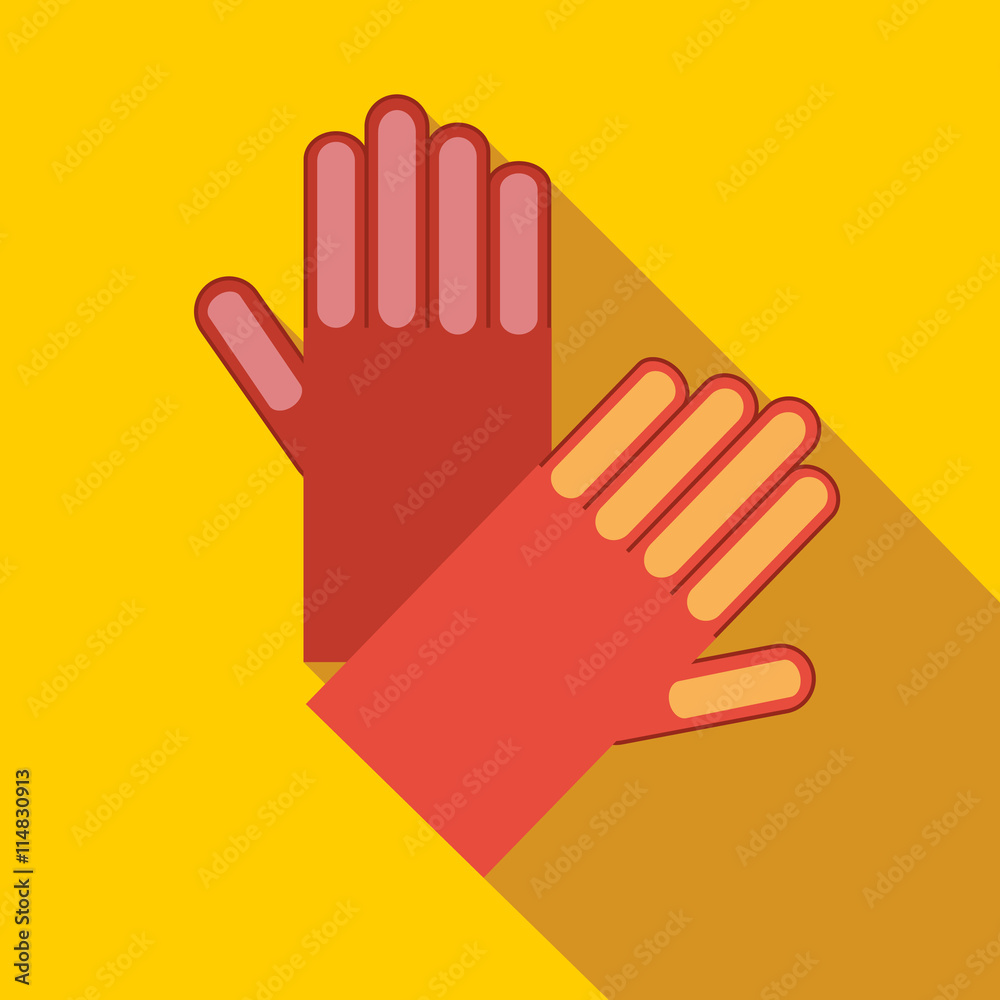 Fototapeta premium Red garden gloves icon in flat style on a yellow background