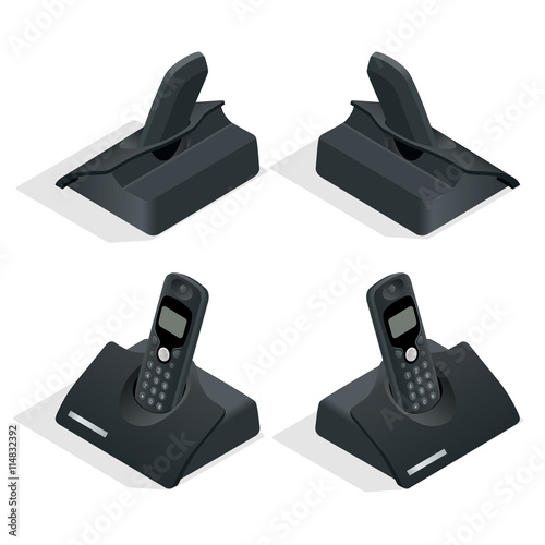 Wireless landline phone with cradle. On a white background. Flat 3d vector isometric illustration.