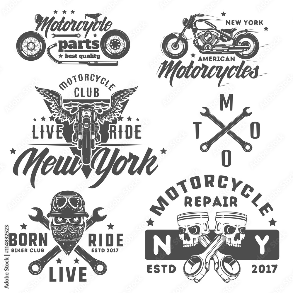 Fototapeta Zestaw emblematów, logo, tatuaż i odbitki w stylu vintage motocykla