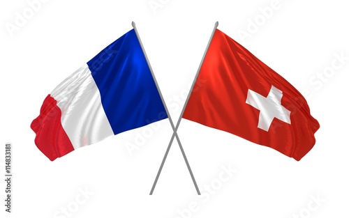 3d illustration of France and Switzerland flags together waving in the wind