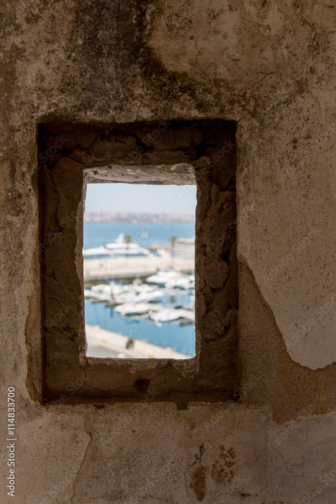 view in old window on sea marine