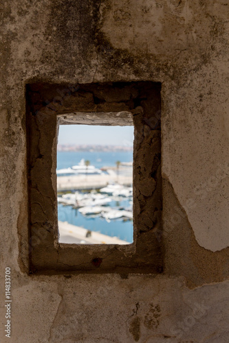 view in old window on sea marine