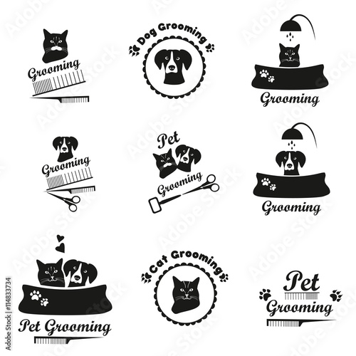 Pet grooming logo, label, bages black emblem collection photo