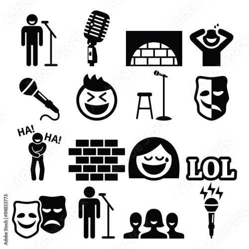 Stand up comedy, entertainment, people laughing icons set 