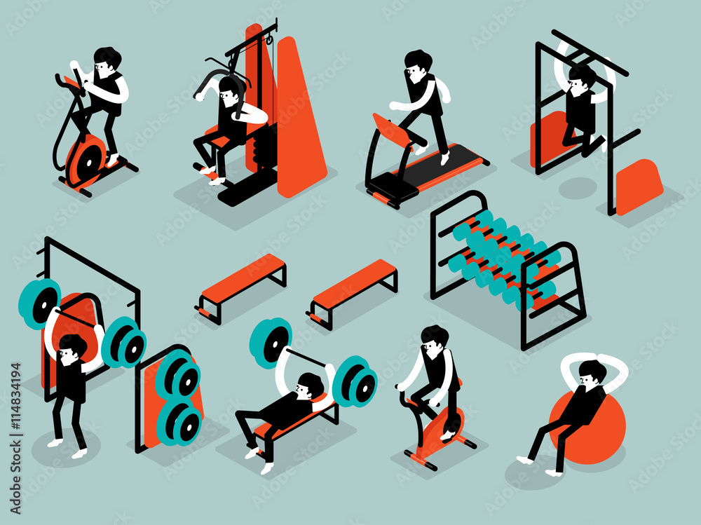 beautiful isometric flat design of man workout in gym, workout machine isometric design concept