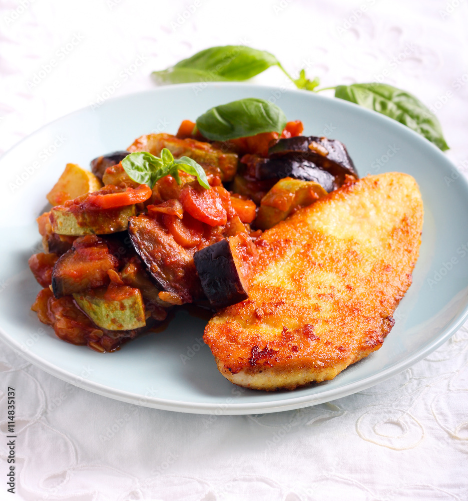 Ratatouille and spiced fried chicken breast