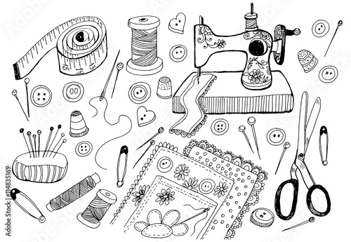 a collection of objects for sewing . scissors,thread,sewing machine,needles,pins. Vector illustration