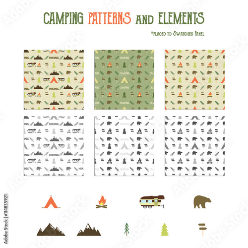 Camping patterns and hiking elements set - tent, bear, bonfire, van trailer, mountains. Travel seamless wallpaper design. Equipment for camping symbols. Use as Adventure pattern in web projects, print