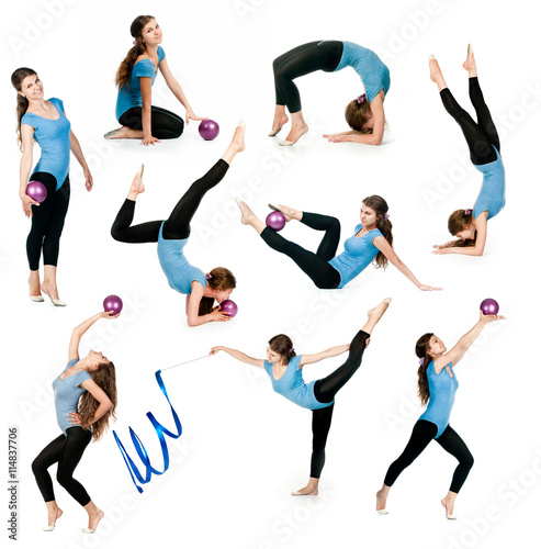 photo collage of a young gymnast with ball and ribbon isolated on white background