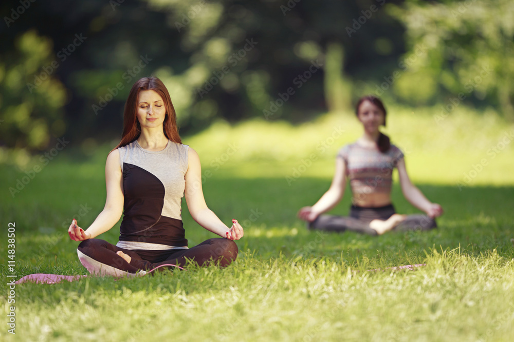 Two girls doing yoga exercises in park. Two young women in sport clothes standing on a green grass and meditate.  