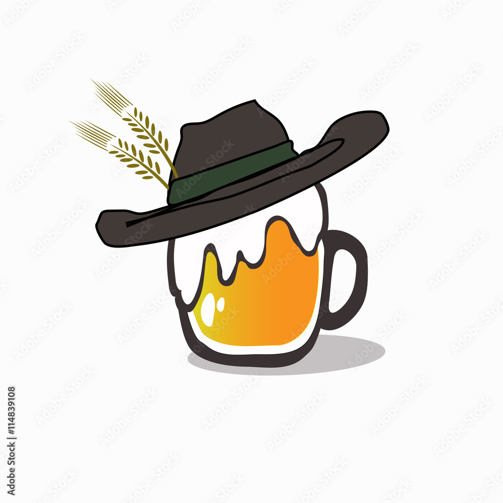 Beer glass with beer and a hat. Celebration concept. Beer glass with beer and a hat. Celebration concept.