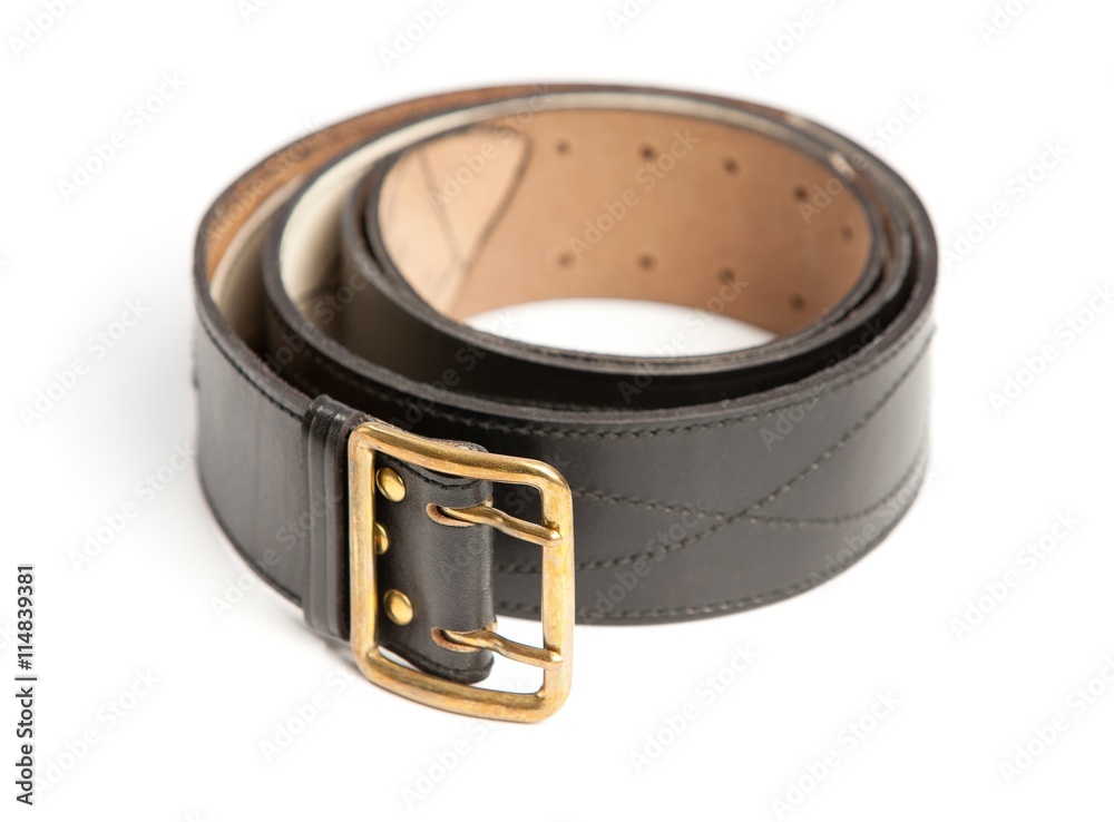 Black men's belt with bronze clasp on white background Black men's belt with bronze clasp on white background