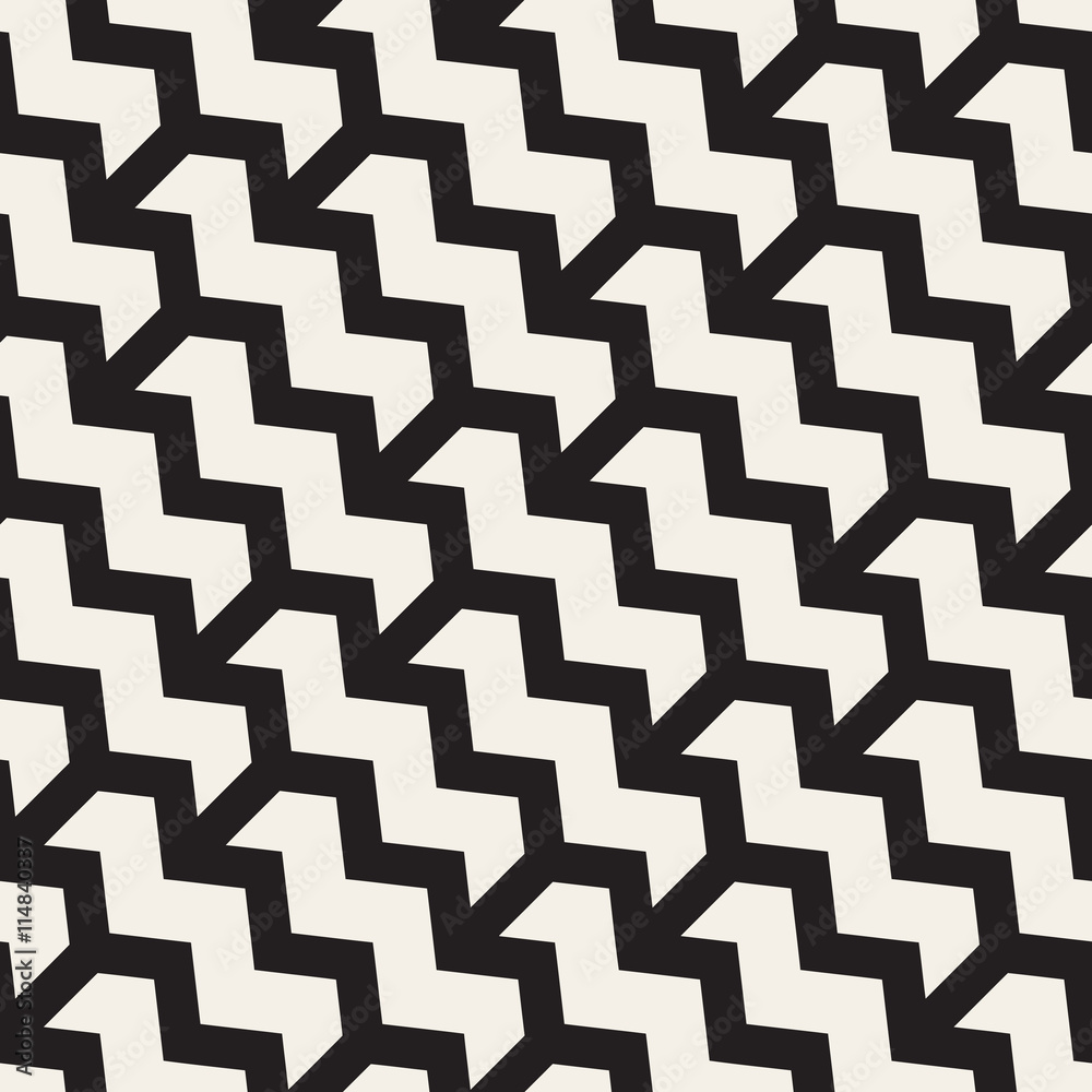 Vector Seamless Black And White Chevron ZigZag Diagonal Lines Geometric Pattern