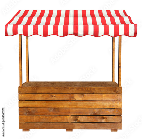 Fotografiet Wooden market stand stall with red white striped awning