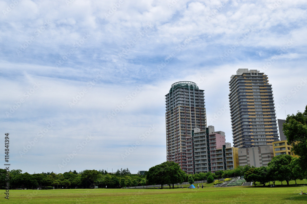 郊外の公園とマンション