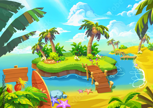 Happy Tropical Sand Beach Coast 1. Video Game Digital CG Artwork, Concept Illustration, Realistic Cartoon Style.

