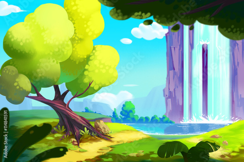 The Waterfall Forest, Video Game Digital CG Artwork, Concept Illustration, Realistic Cartoon Style.