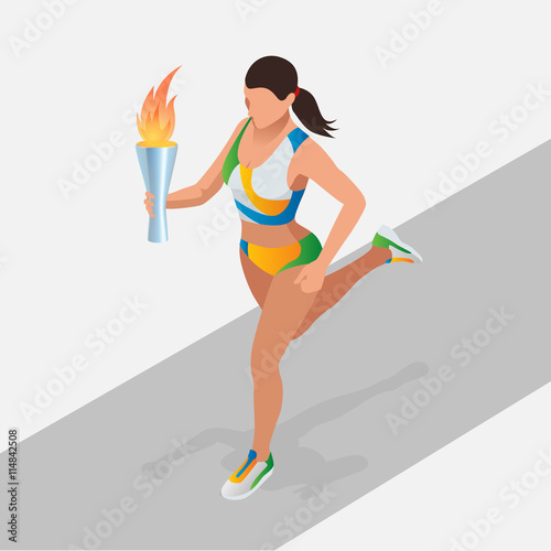 Woman running with sport torch. Sporting Championship International Competition. Symbol of victory. Athletics Bearer Flat 3d isometric concept.