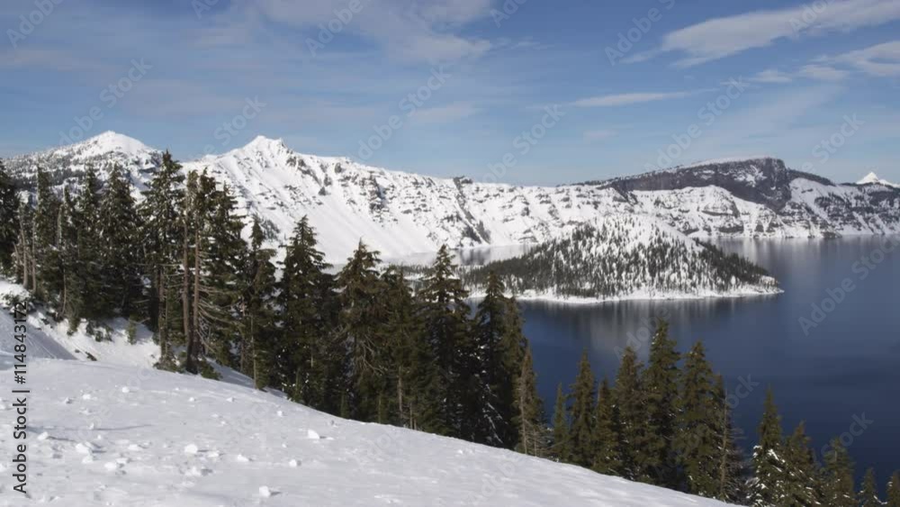 Right pan over Crater Lake in winter Right pan over Crater Lake in winter