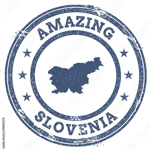 Vintage travel stamp featuring the map outline of Slovenia. The grunge-style round sticker highlights Slovenia as a travel destination.