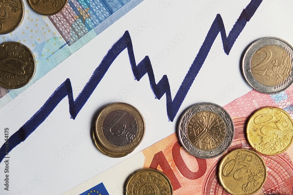 Currency with a financial rising chart line on the background. Banking ...