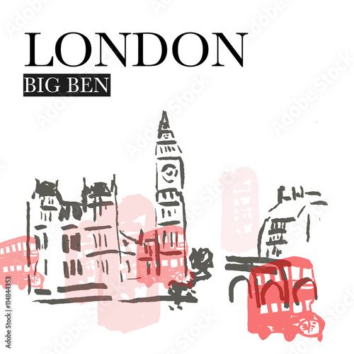 Magazine cover of vector color great Britain and London. London  the UK. Red bus in motion and Big Ben  the Palace of Westminster. The icons of England in vintage  retro style  