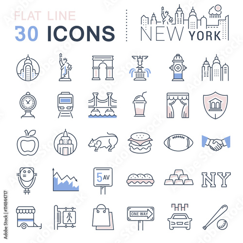 Set Vector Flat Line Icons New York and USA