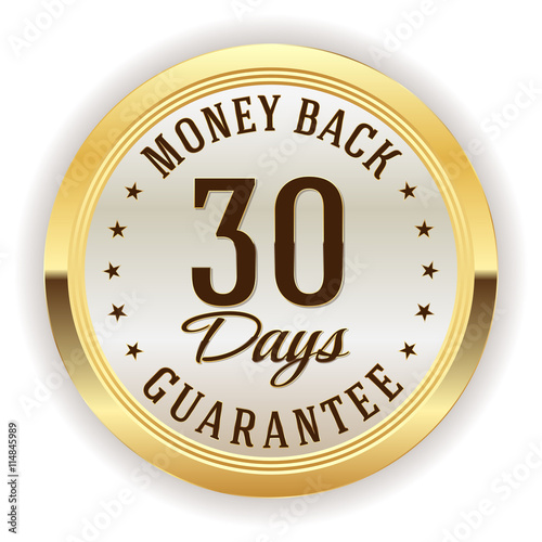 White money back button, badge with gold border