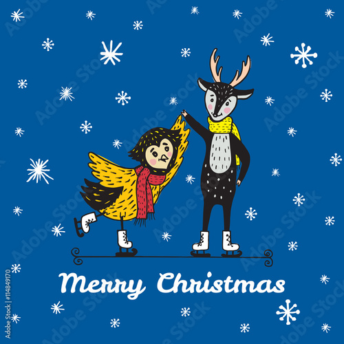 Fototapeta Naklejka Na Ścianę i Meble -  Christmas card with hand drawn reindeer and owl skate.